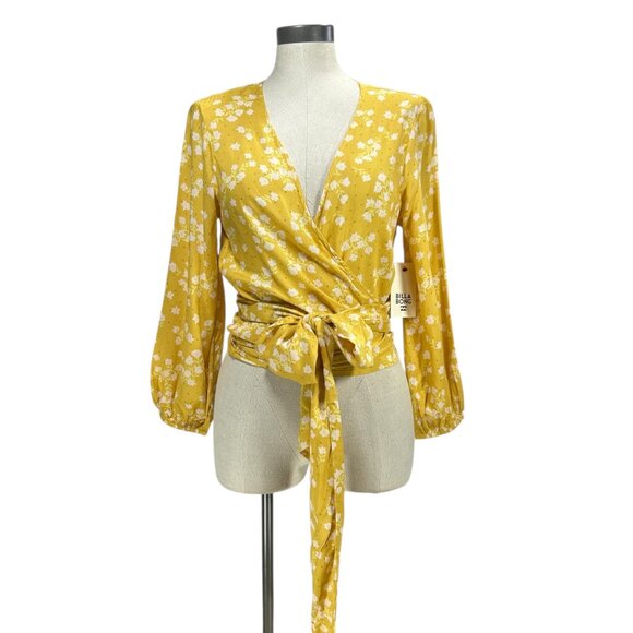 BILLABONG Love Wrapped Crop Top Sz L Yellow Floral Peasant Long Sleeve Tie Waist - Picture 2 of 14